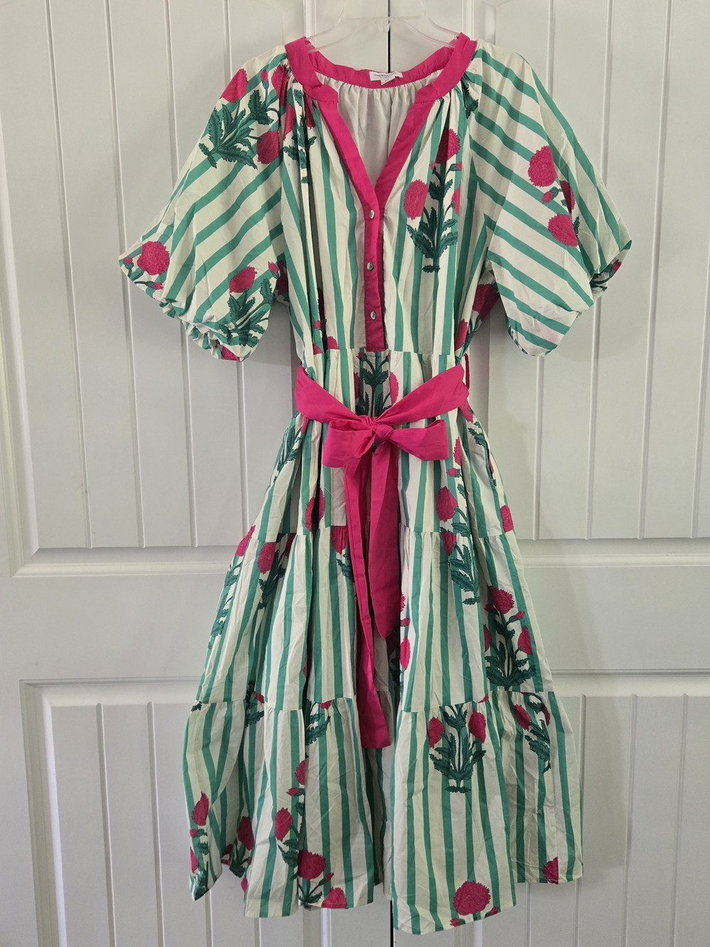 Pink & Green Floral Stripe Maxi Dress Cottagecore Boho Preppy 2x